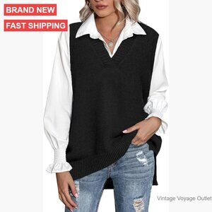 Oversized V-Neck Sweater Vest, Sleeveless Pullover, Knitted Fall Top